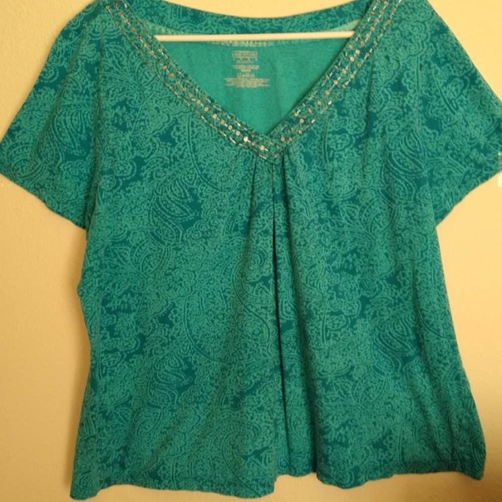 Lane Bryant,  Green print, 100% Cotton Lady's Short Sleeve Top